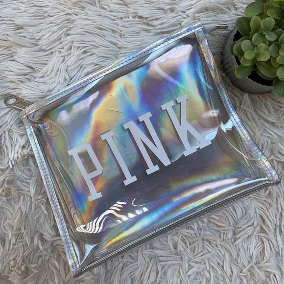 PINK Clear Zip Pouch 💗 Iridescent Silver & White - Picture 2 of 10